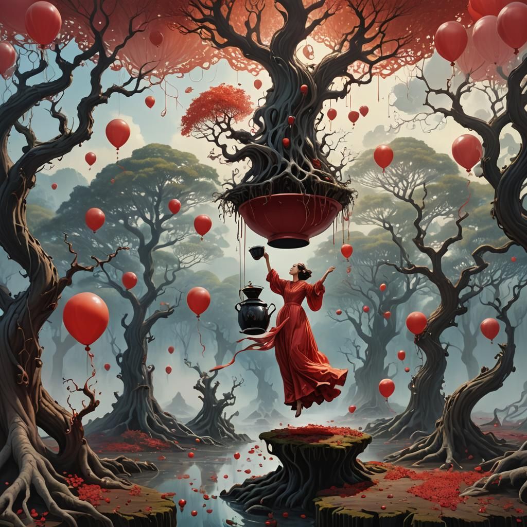 Surreal Woman Pours Coffee in Dreamscape as Salvador Dali Pa...