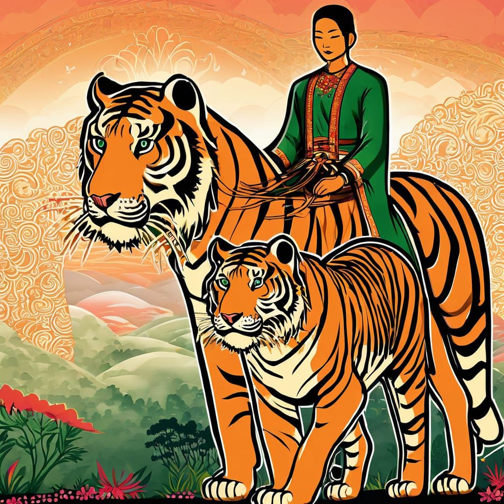 Majestic Indonesian Princess and Tiger Share Serene Hilltop....