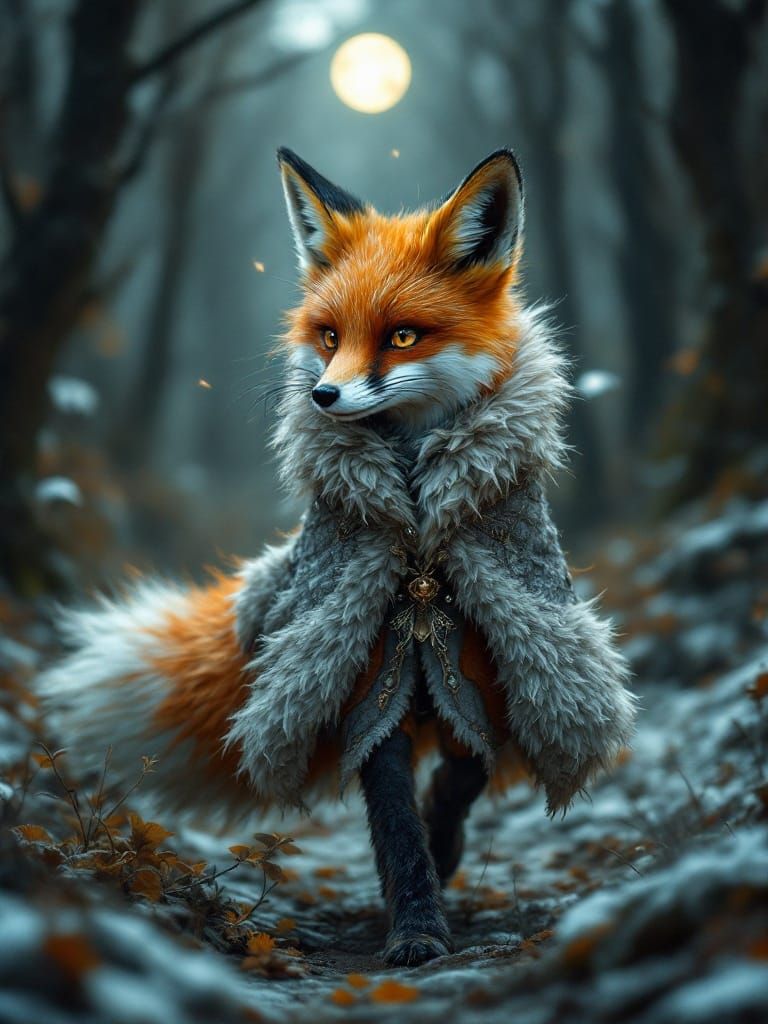 Mystical Fox in a Silvery-Gray Coat, Walking in a Moonlit Fo...