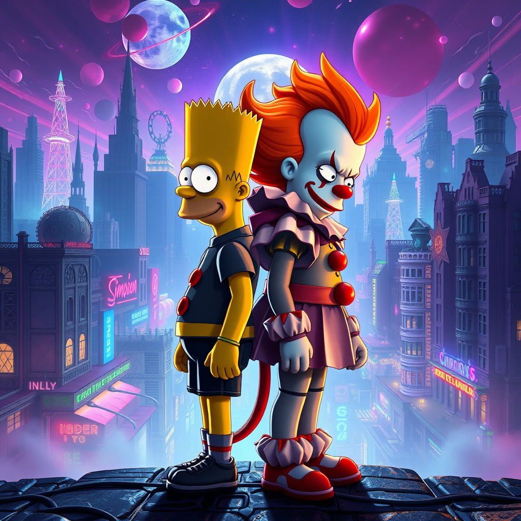 Neon Dream: Bart and Pennywise in Cityscape