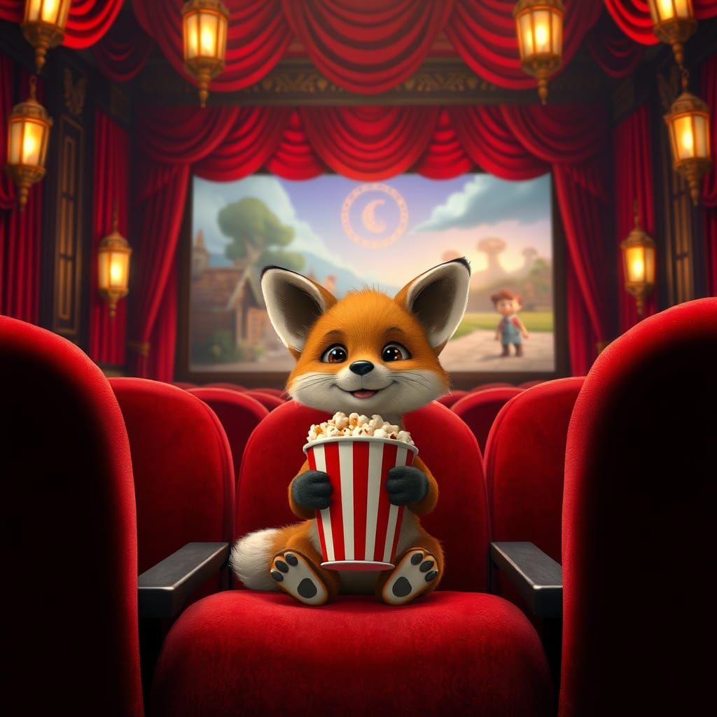 Adorable Baby Fox Enjoying Movie in Ornate Theater