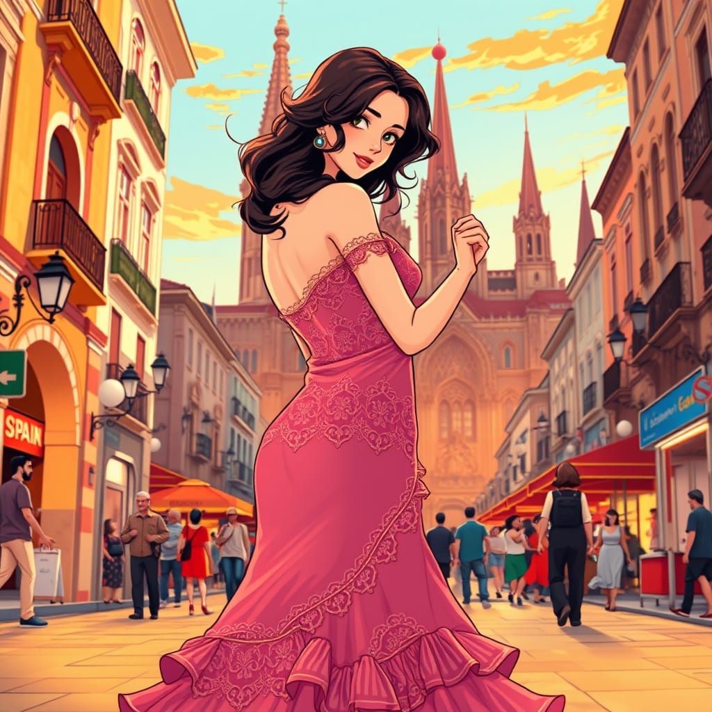 Vibrant Anime-Style Spanish Dancer in Valencia