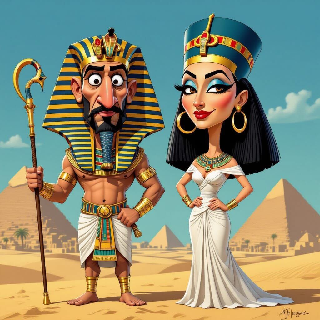 Exaggerated Egyptian Pharaoh and Queen Caricature