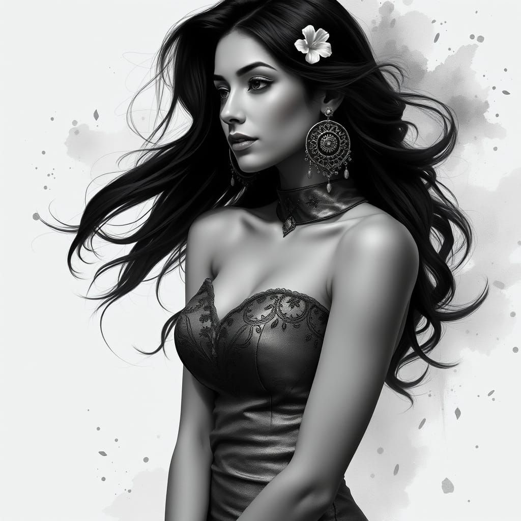 Elegant Young Woman in Metallic Gown with Ornate Earrings