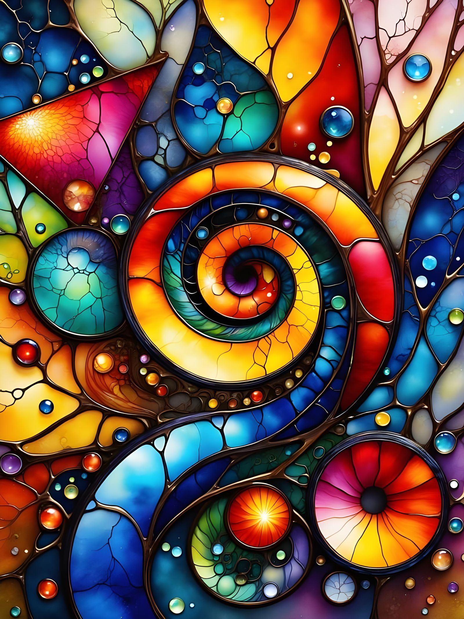 Vibrant Abstract Painting with Geometric Shapes and Spirals