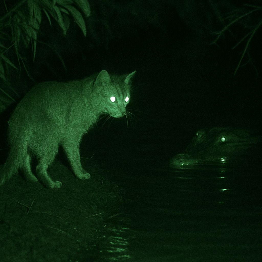 Night Vision: Cat and Crocodile at River's Edge