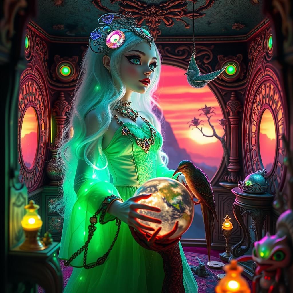 Cosmicorphan Woman in Baroque Dollhouse with Mikan Bird