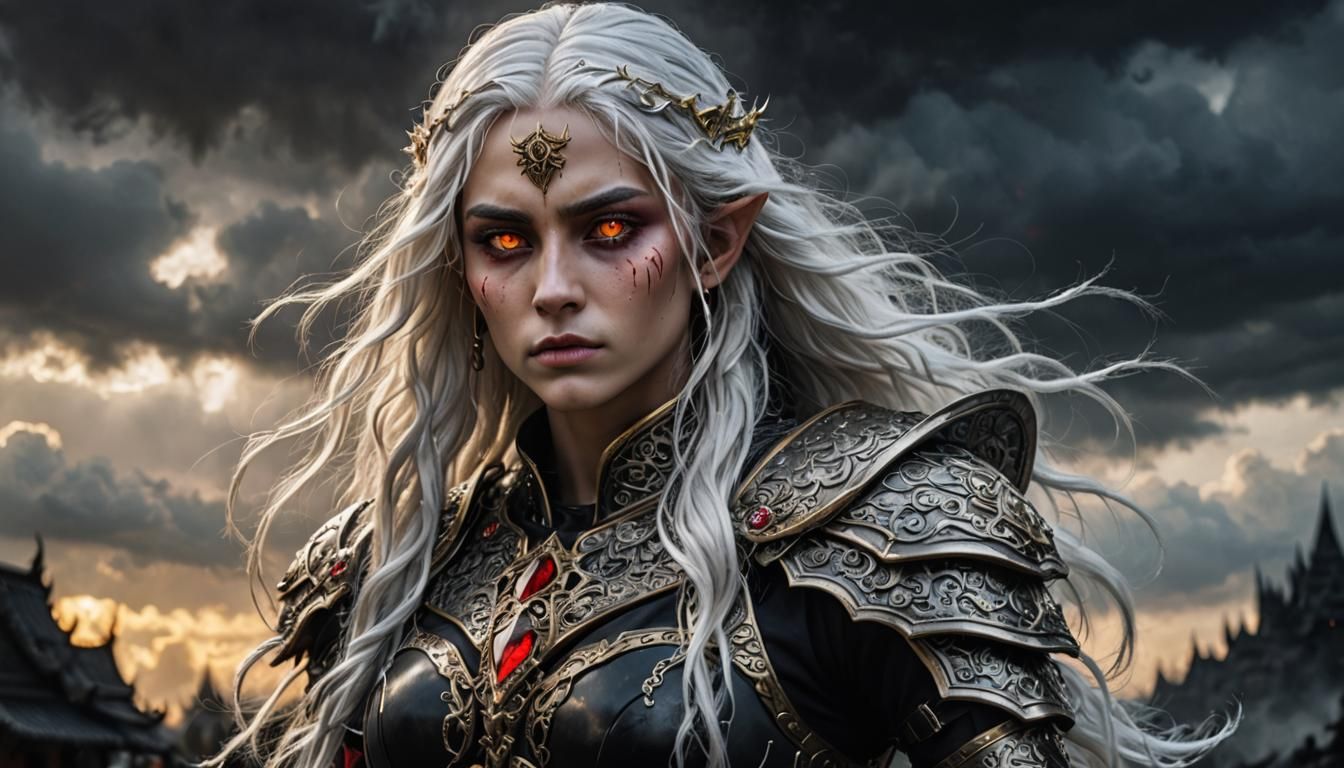 Elf Warrior with White Hair and Jeweled Armor