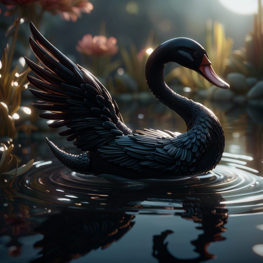 Blown Glass Black Swan on Water