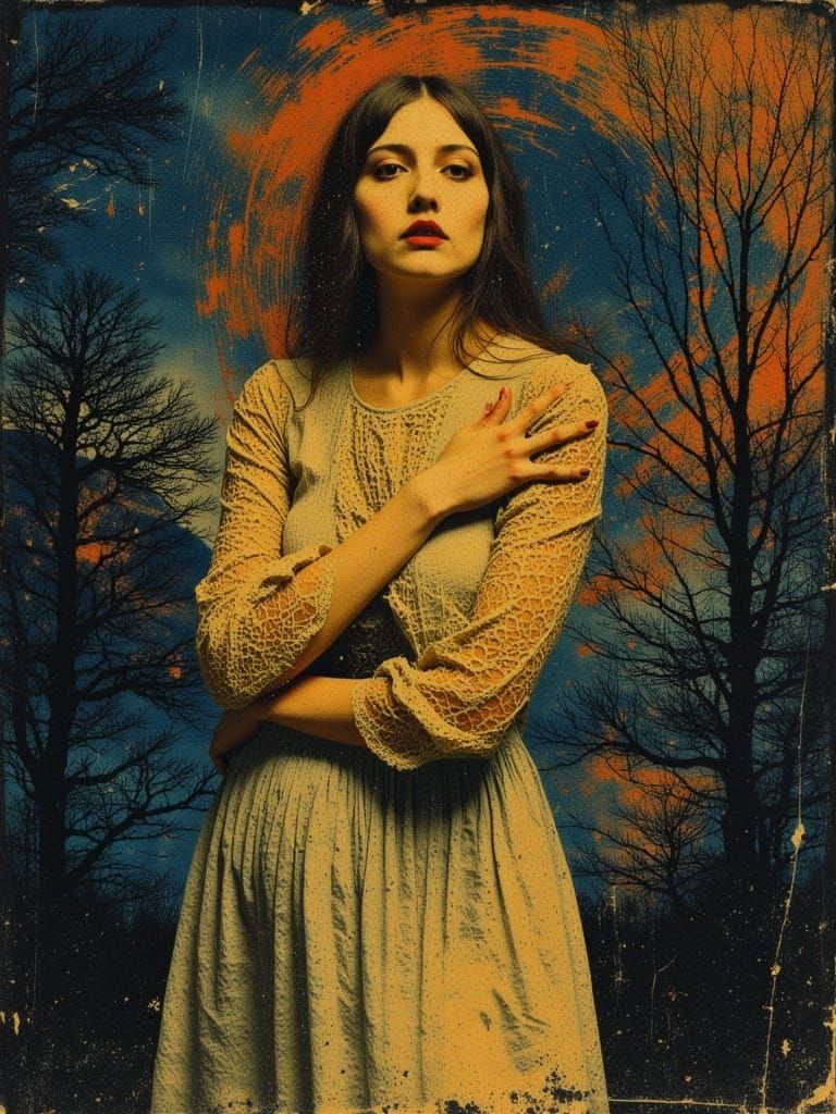 Contemplative Woman in Swirling Landscape, Expressive Painti...