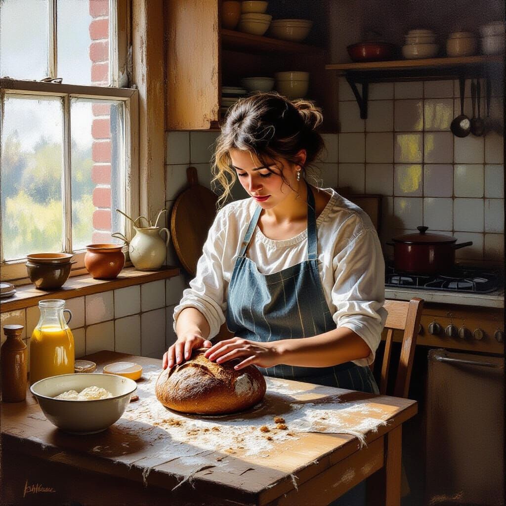 Woman Baking Bread with Poetic Realism