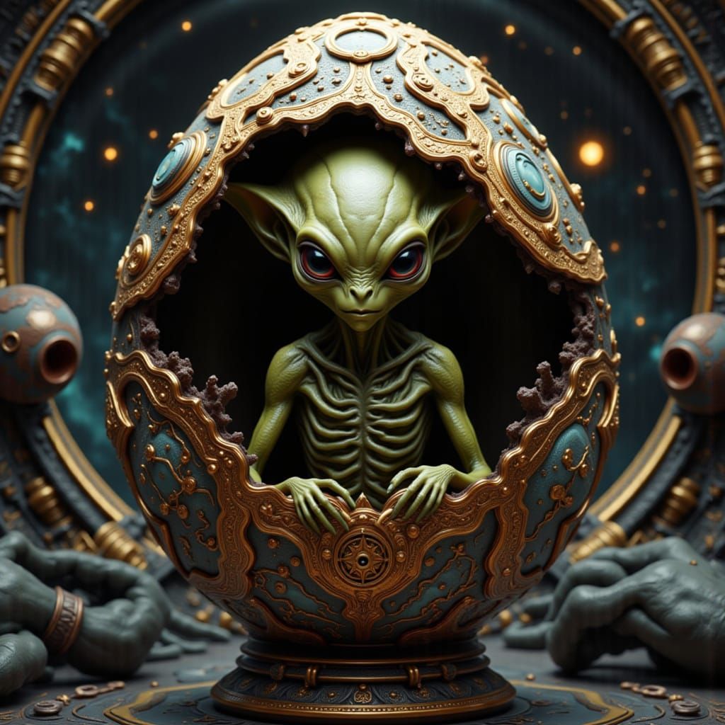 Alien Peeks From Ornate Kintsugi Egg in Spaceship