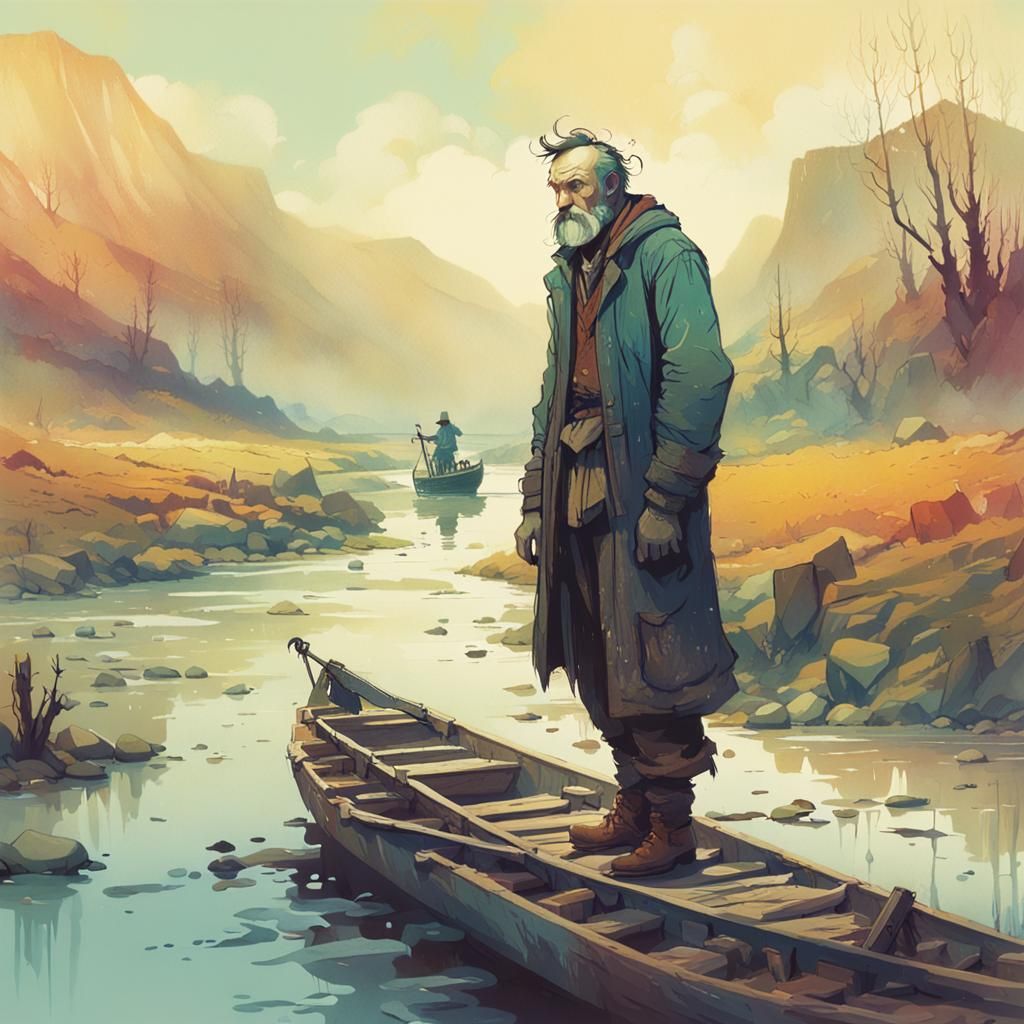 Colorful Ferryman Portrait in Wasteland Landscape