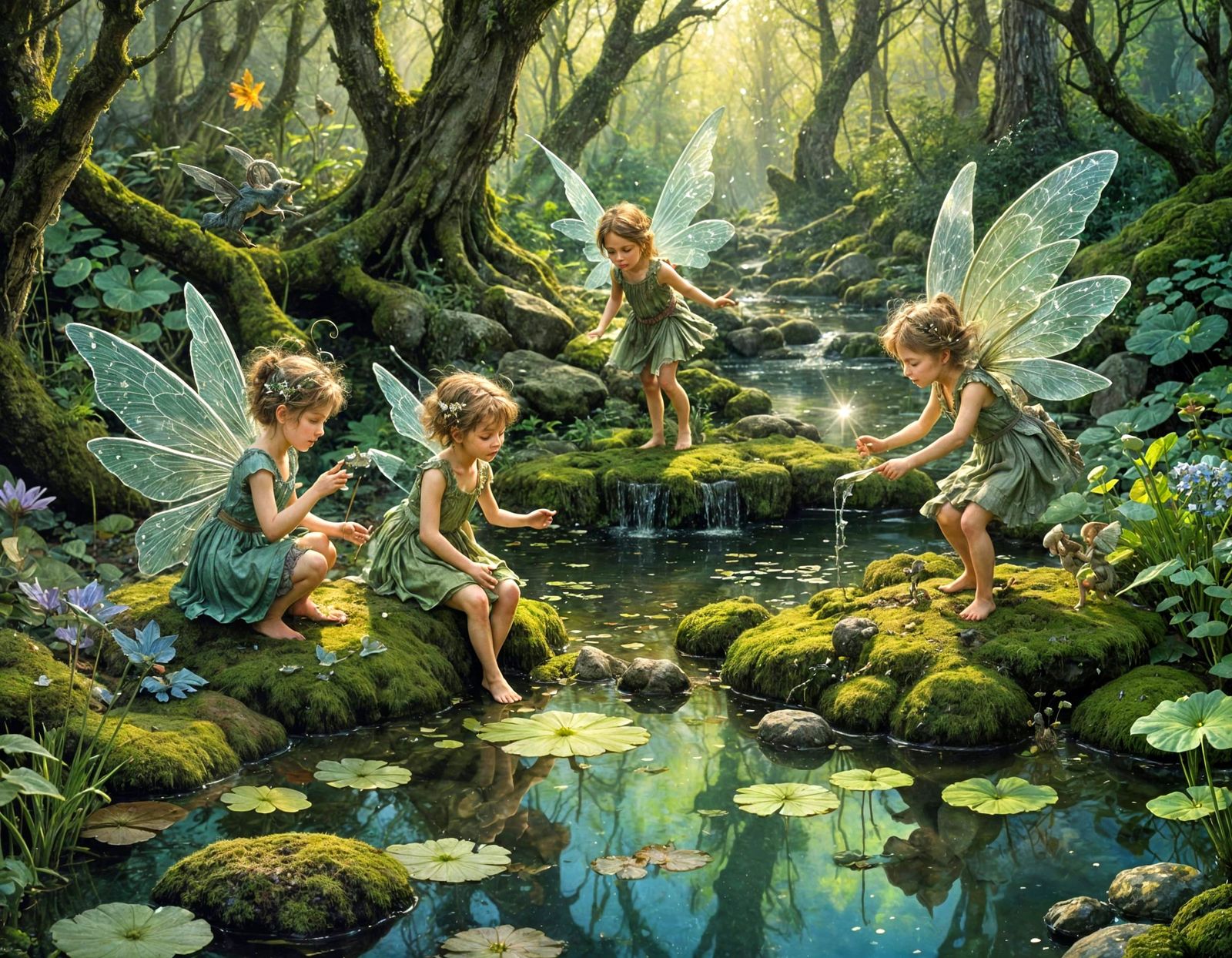 Fairies Play in Mossy Garden: Iridescent Fantasy Art