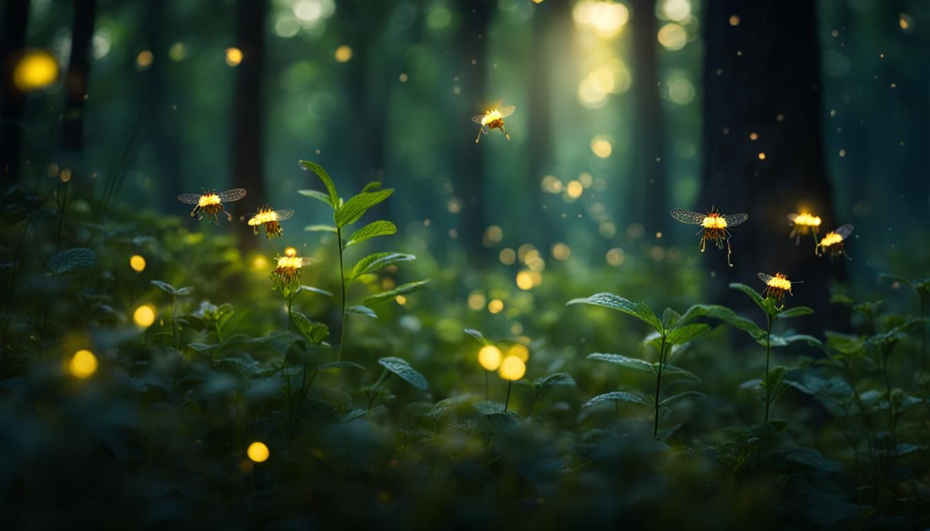Fireflies Glow in Forest Panorama: Peaceful Nature Scene