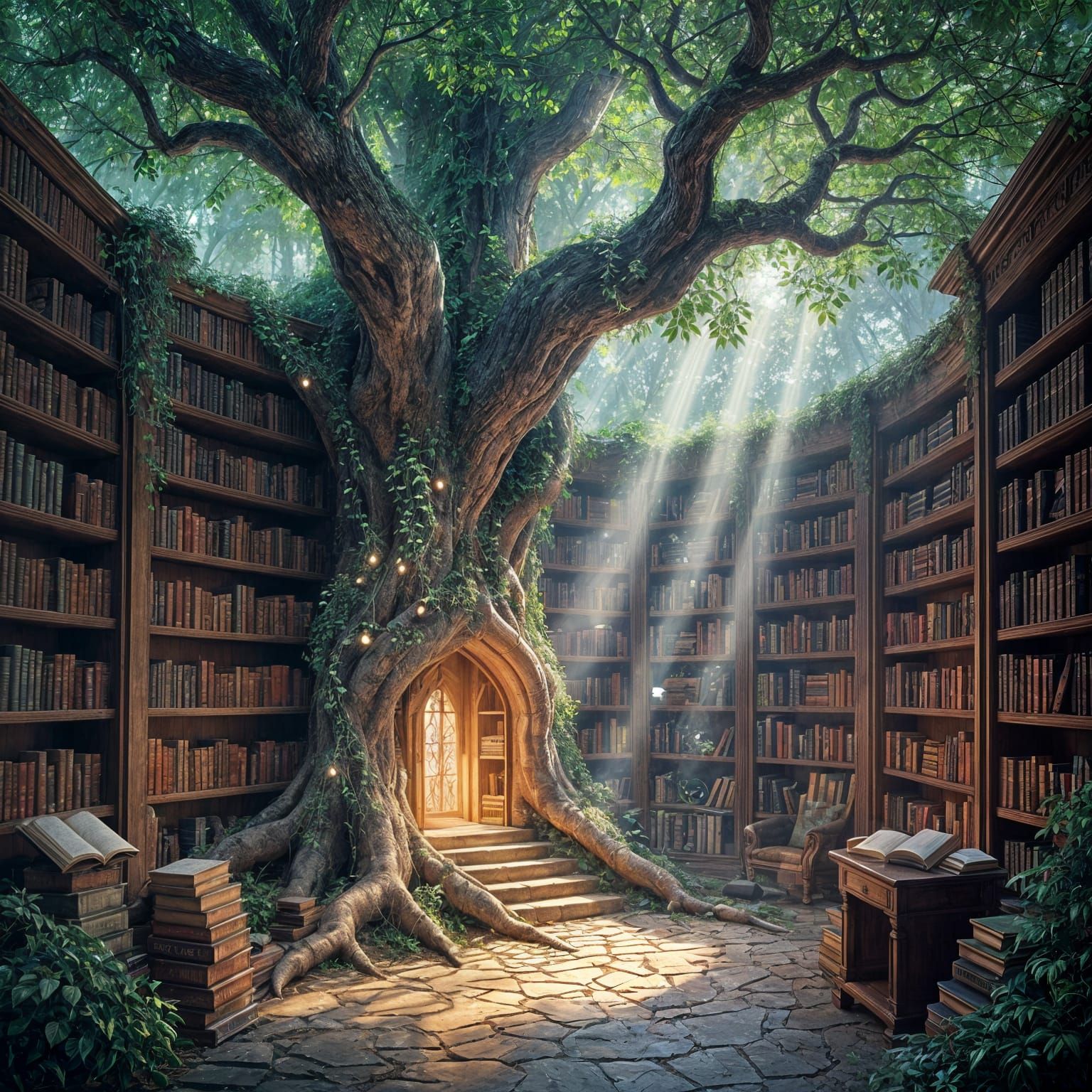 Hidden Library in Ancient Glowing Tree Roots