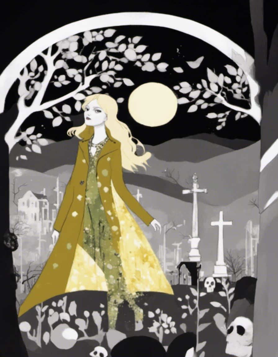 Girl in Graveyard: Klimt, Burton, and Ghibli Illustration