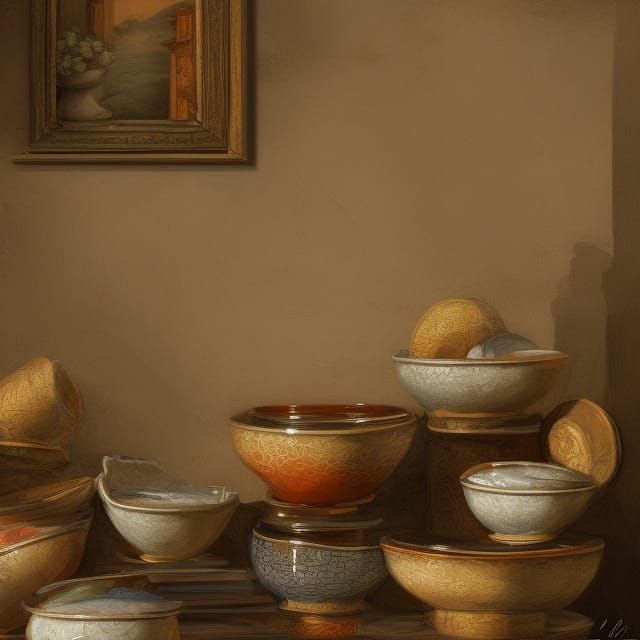 Baroque Porcelain Bowls on Old Wall in HDR