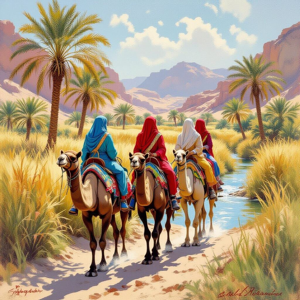 Women on Camels in Wadi Landscape, 19th Century Realism