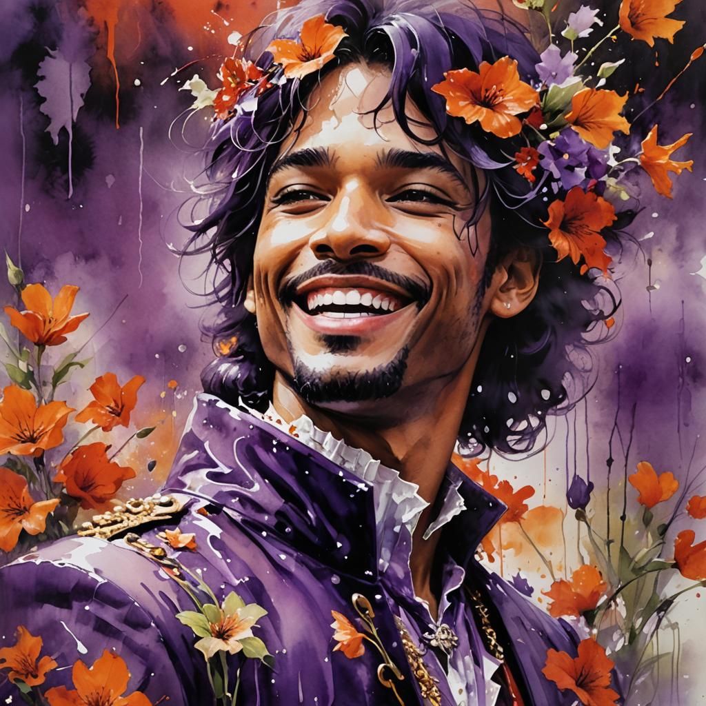 Prince Laughing on Floral Landscape, Watercolor Style