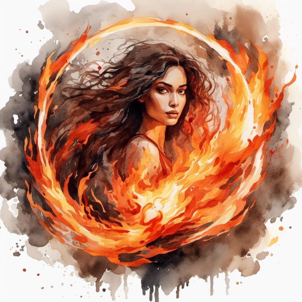 Flaming Palestinian Goddess Portrait in Mixed Media Style