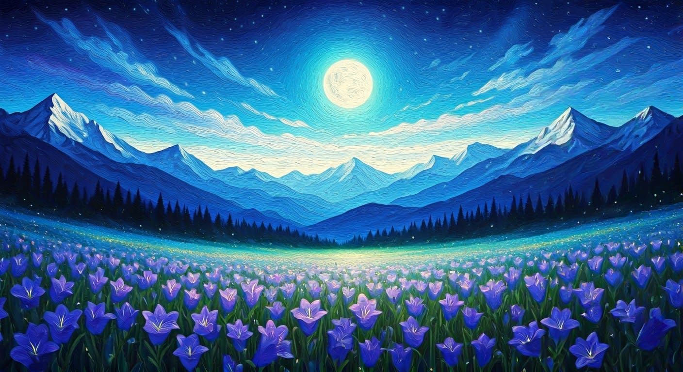 Bioluminescent Bellflower Meadow under Starry Sky
