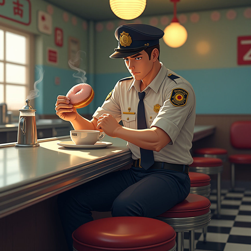 Nostalgic 1950s Diner Scene with Policeman and Doughnut