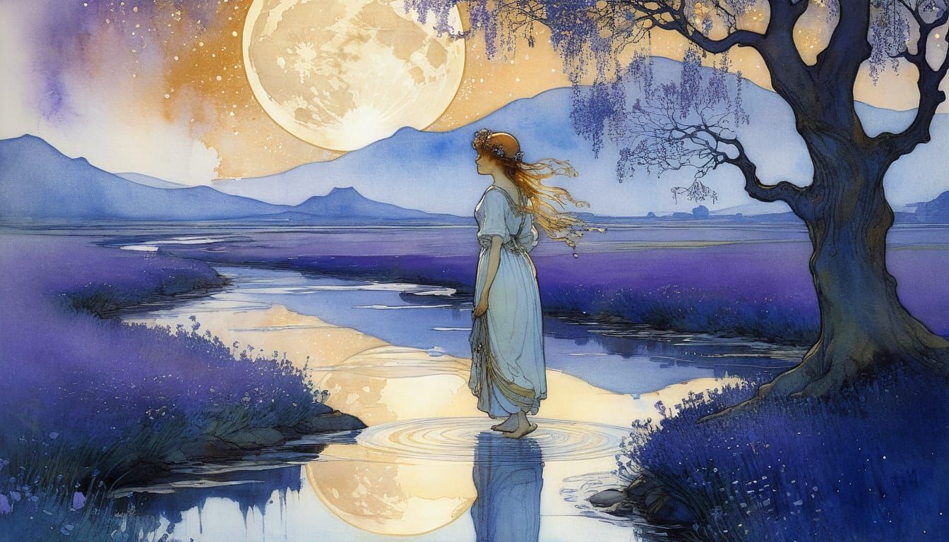 Watercolor Moonbeam on Woman: Impressionist Stream Scene