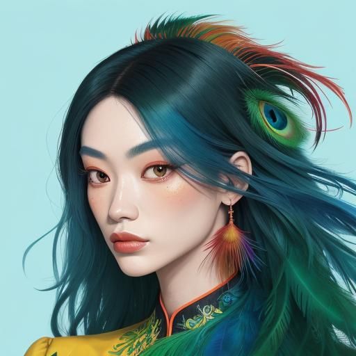 Abstract Portrait of Asian Woman with Peacock Feathers