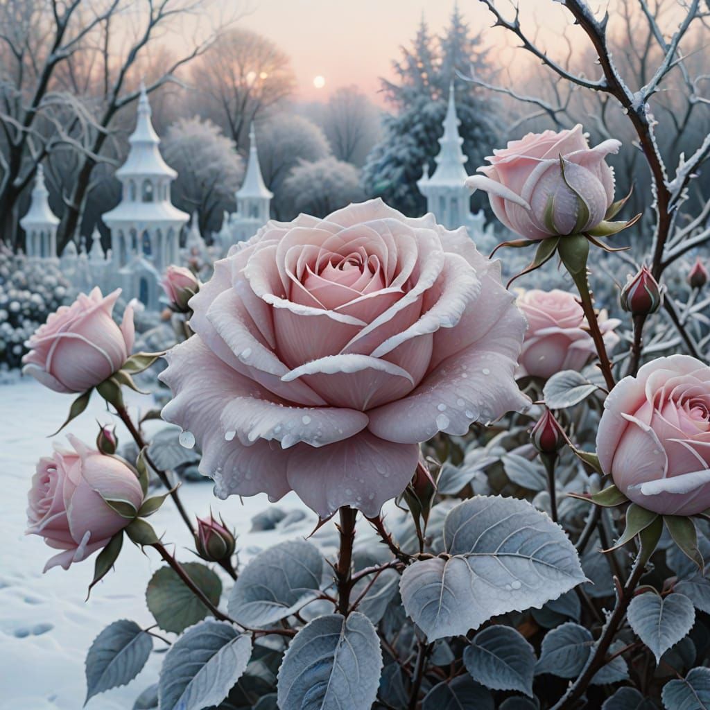 An Icy Rose Garden Blooms in Surreal Winter Landscape