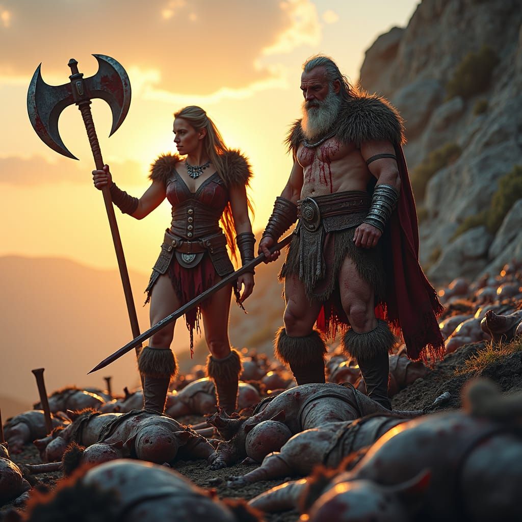 Victorious Barbarian Warriors on Battlefield at Dusk