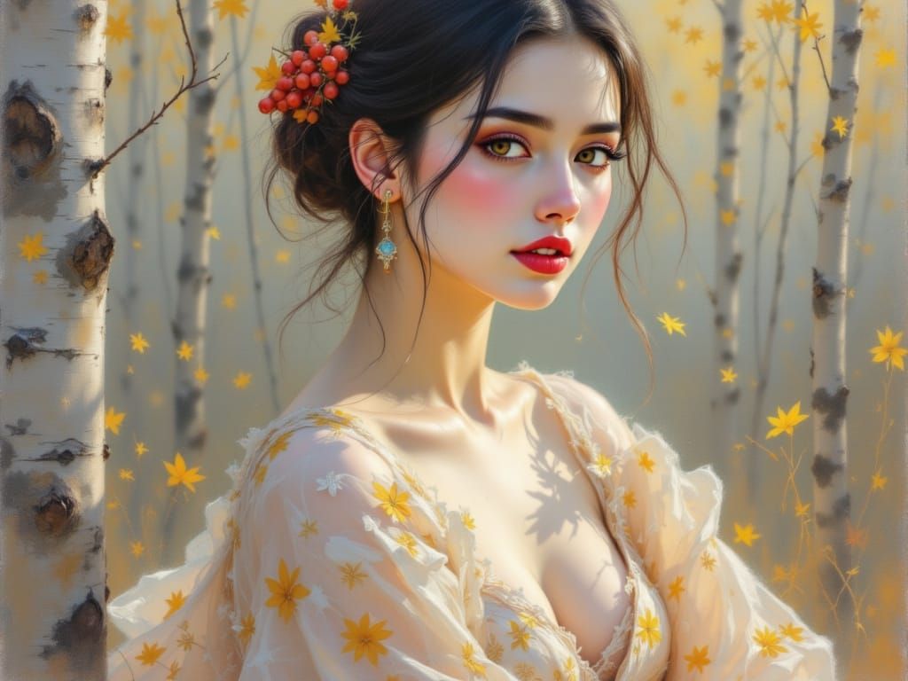 Serene Japanese Woman in Autumn Birch Forest