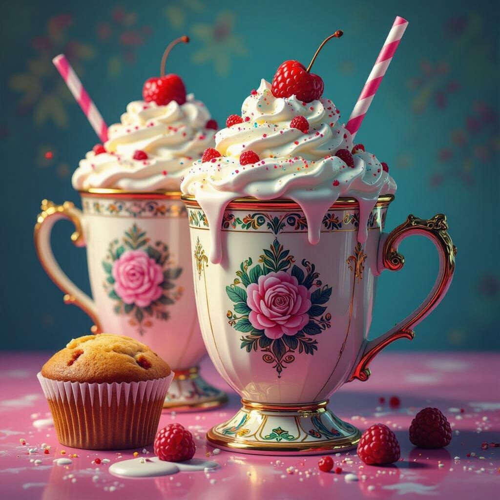 Hyperrealistic Milkshakes and Muffins in Ornate Mugs