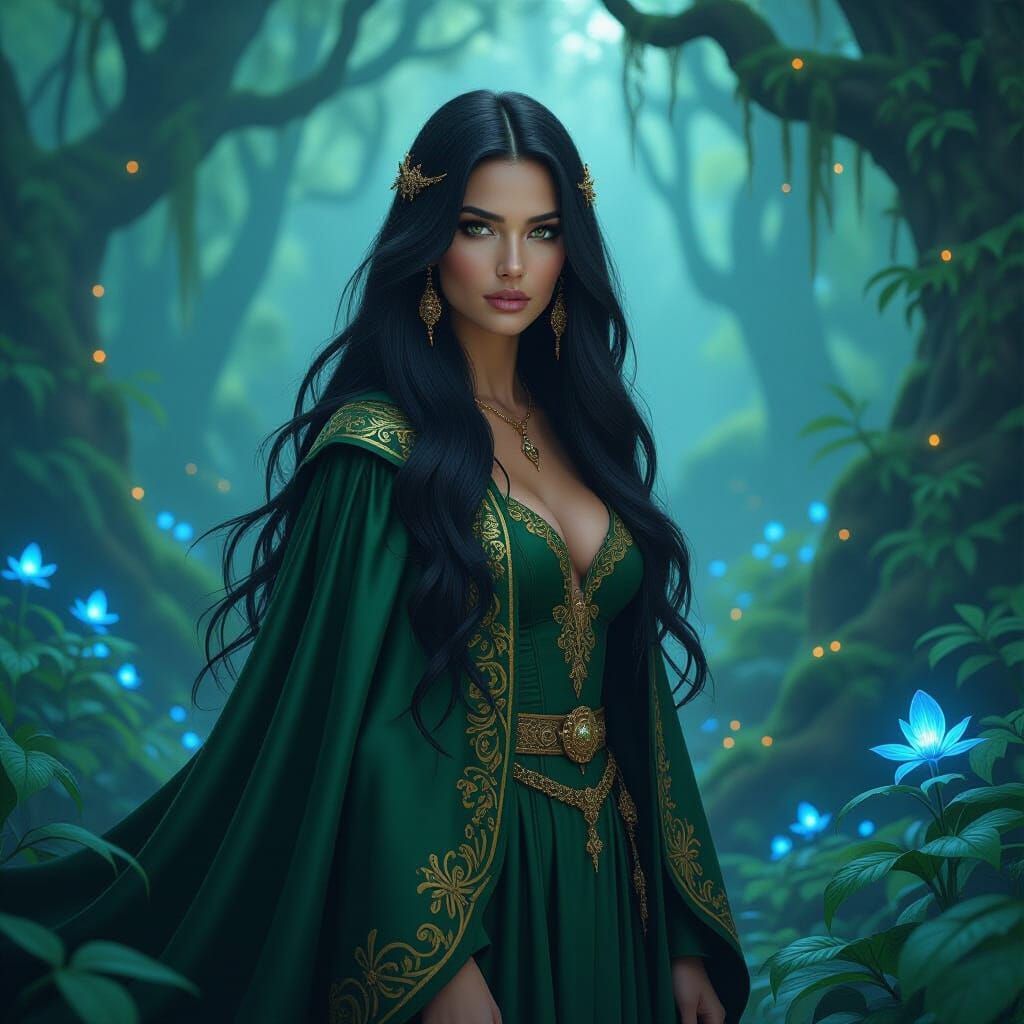 Mysterious Woman in Bioluminescent Enchanted Forest