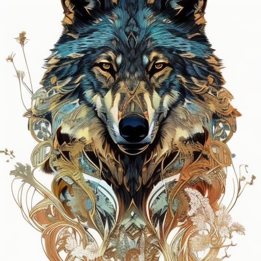 Golden Aura Wolf Portrait in Digital Painting Style