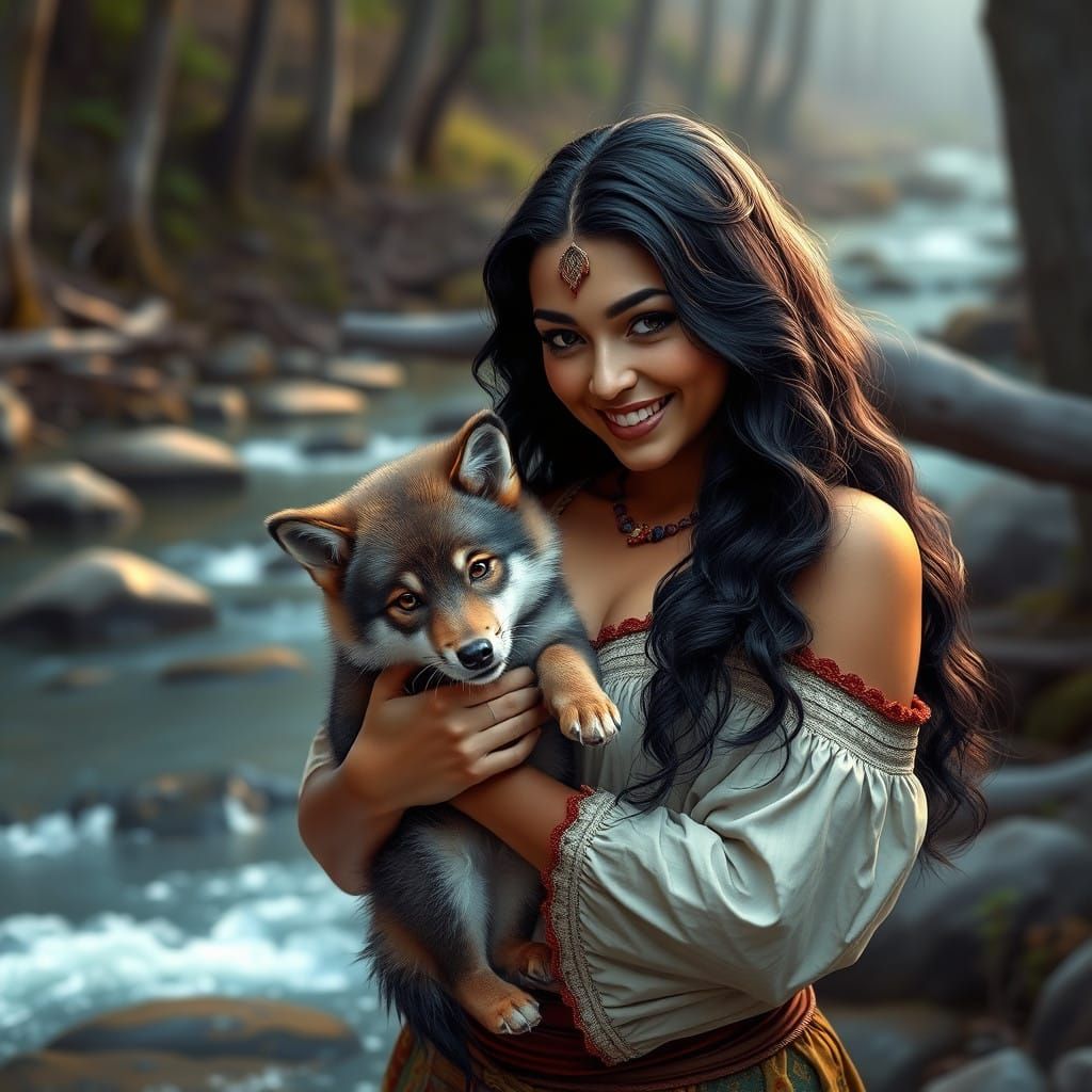 Native American Goddess with Wolf Cub in Enchanted Forest