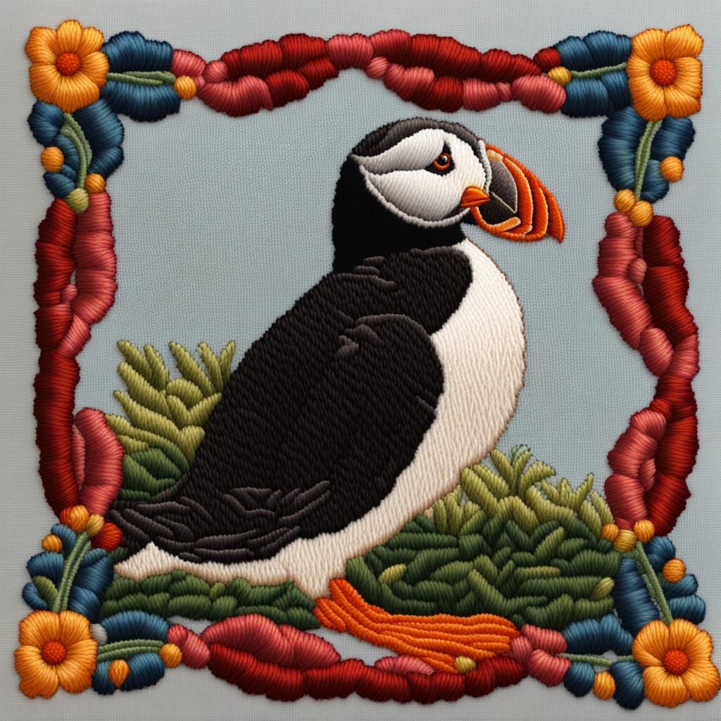 Needlepoint Puffin in Satin Stitch