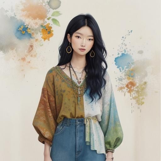 Bohemian Asian Woman in Watercolor Painting