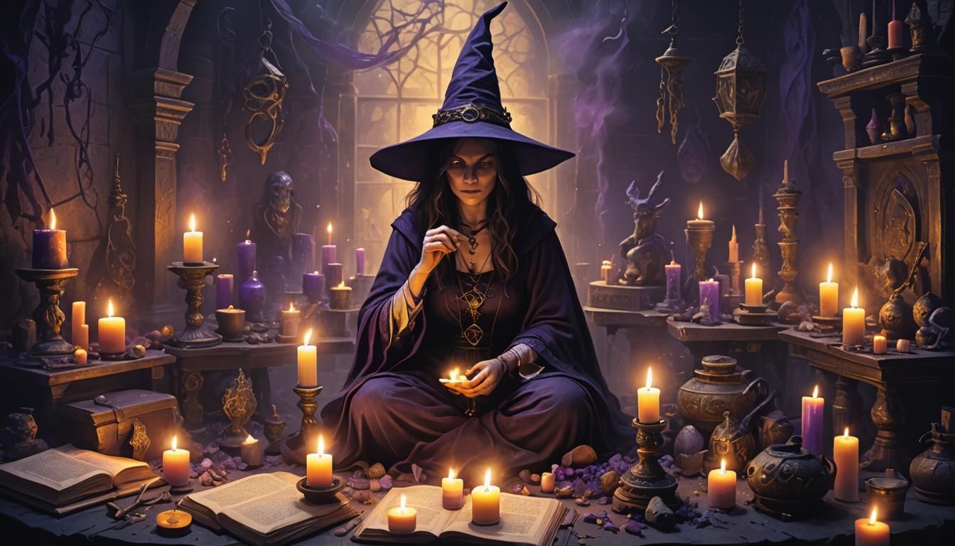 Mystical Witch in Dimly Lit Chamber