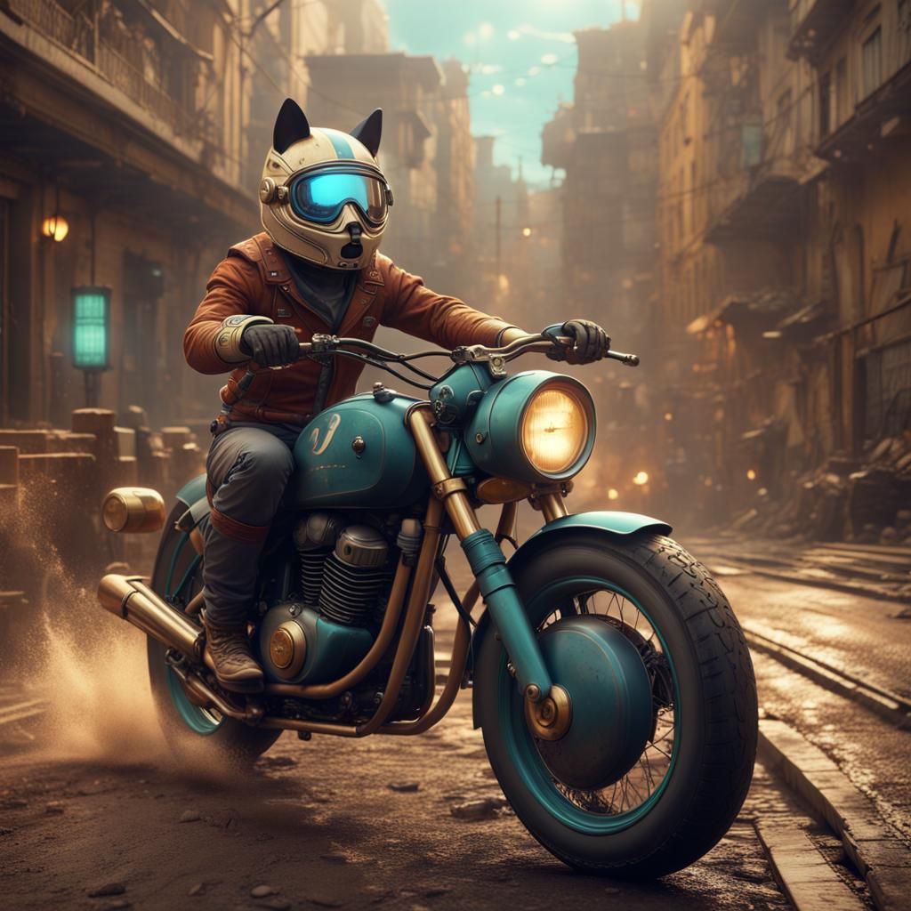Cat Riding Motorcycle with Retro Helmet in HD