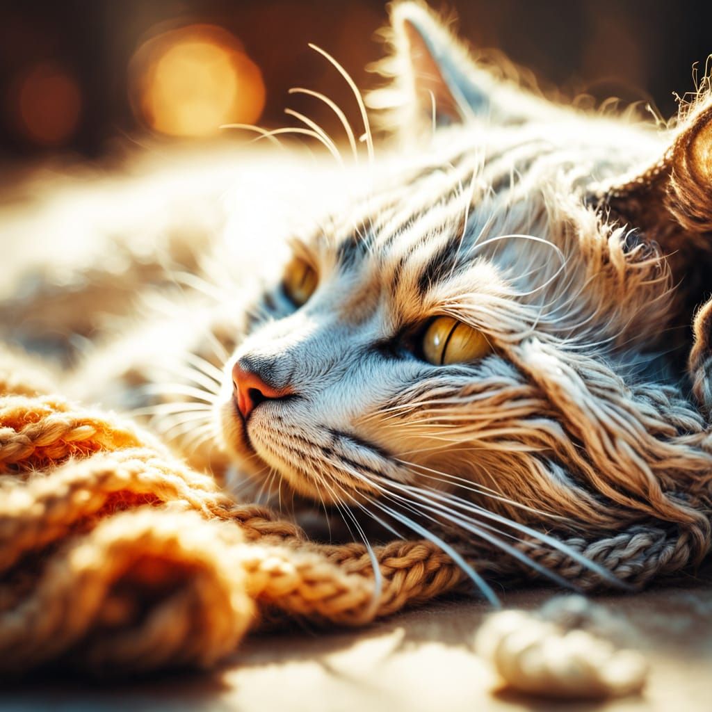 Cozy Cat Nap with Kittens and Knitting Woman