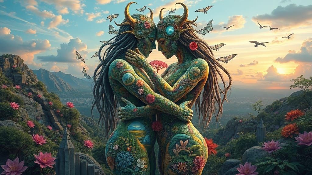 Ethereal Intertwined Bodies Revealing Fantasy Landscapes