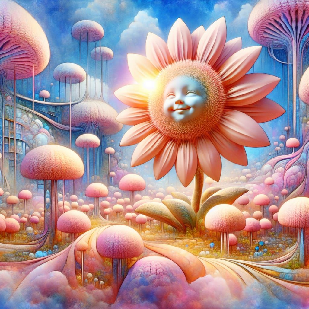 Surreal Pastel Flower with Child Face in Dreamscape