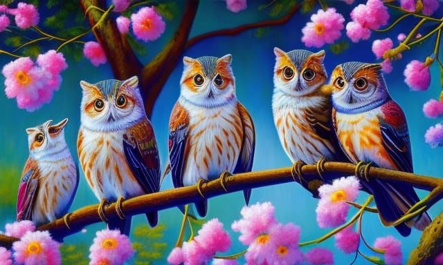 Cute Owls in Whimsical, Surrealist Painting