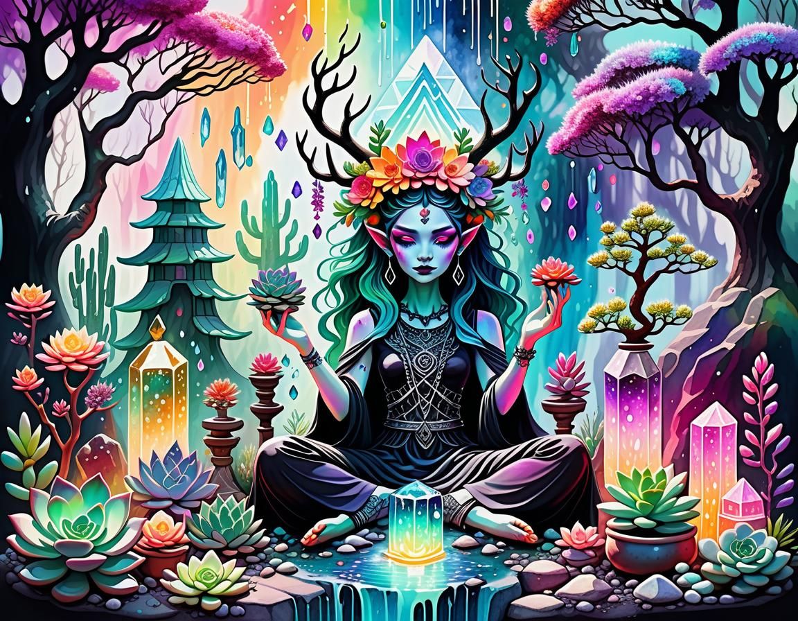 Spring Scene with Goddess Altar in Watercolor Style