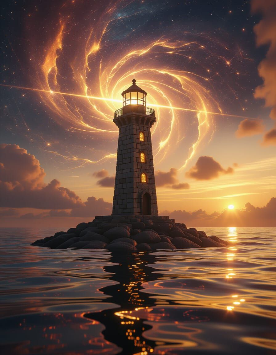 Lighthouse on Molten Gold Sea Under Cosmic Sky