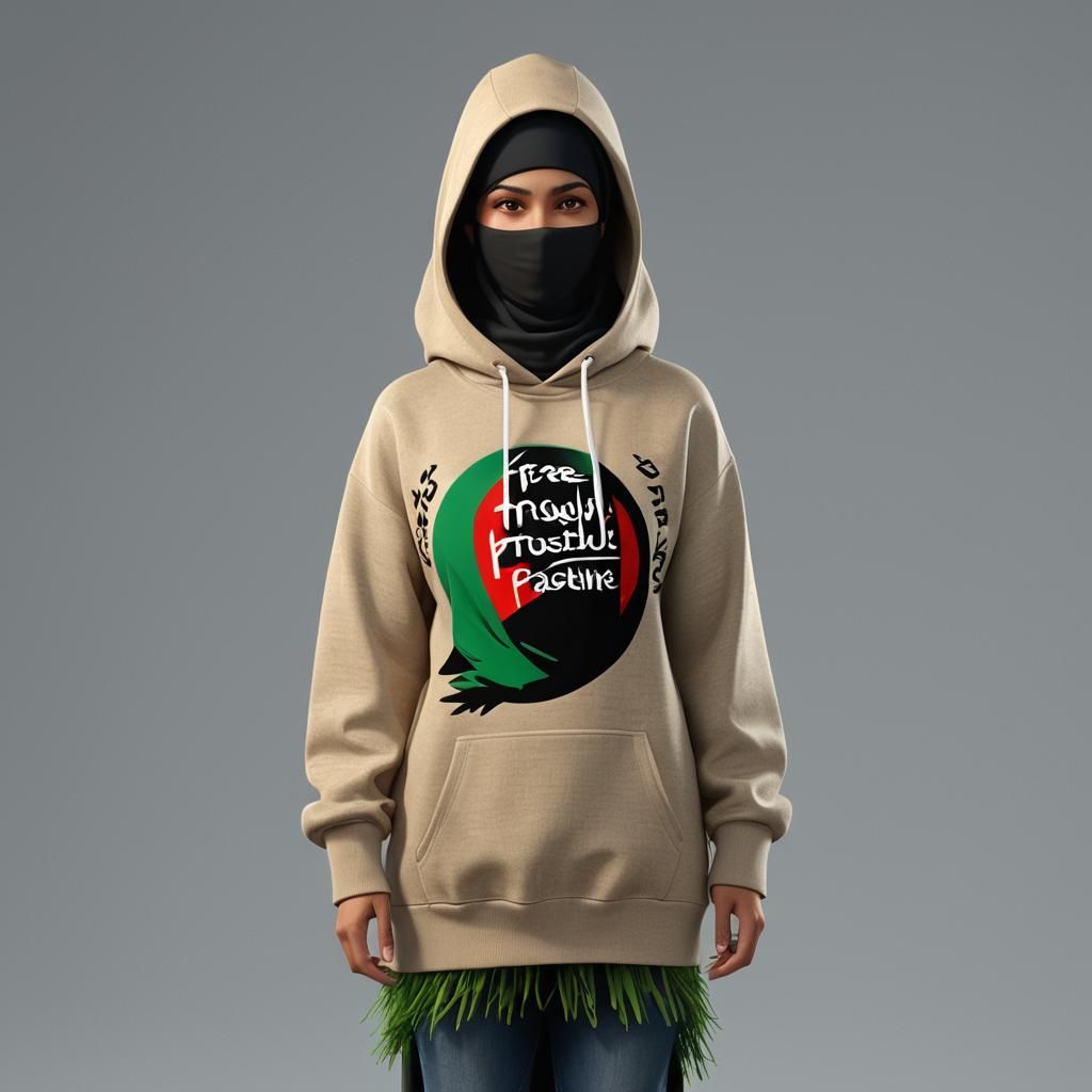 Muslim Woman in Hoodie: "Free Palestine" in 3D