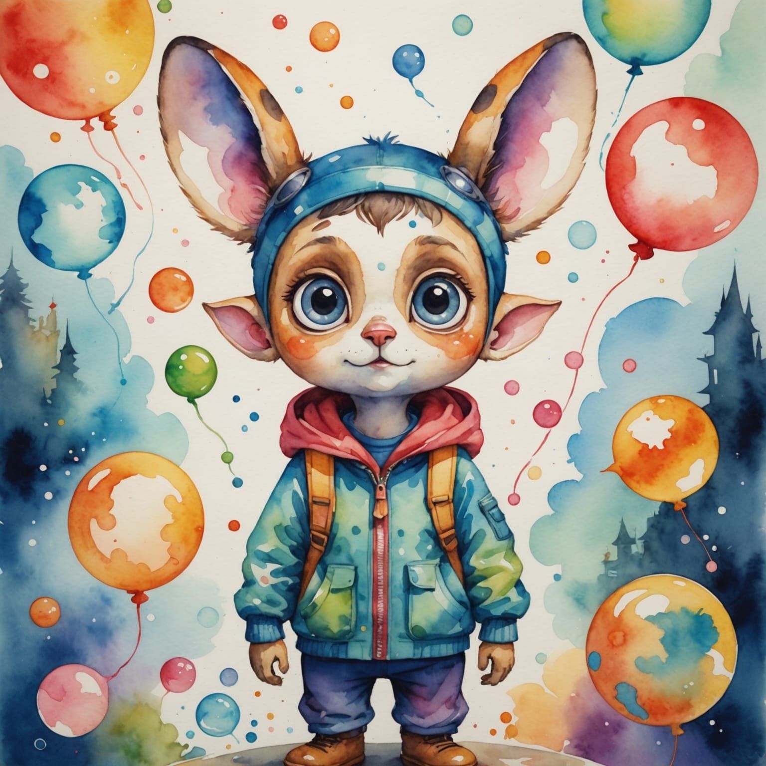 Playful Character in Watercolor Painting with Bubbles