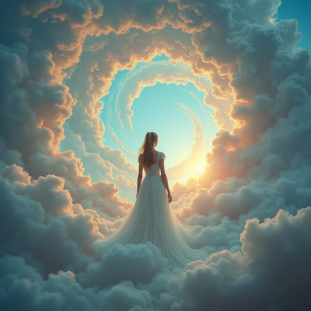 Ethereal Woman Steps into Swirling Time Clouds