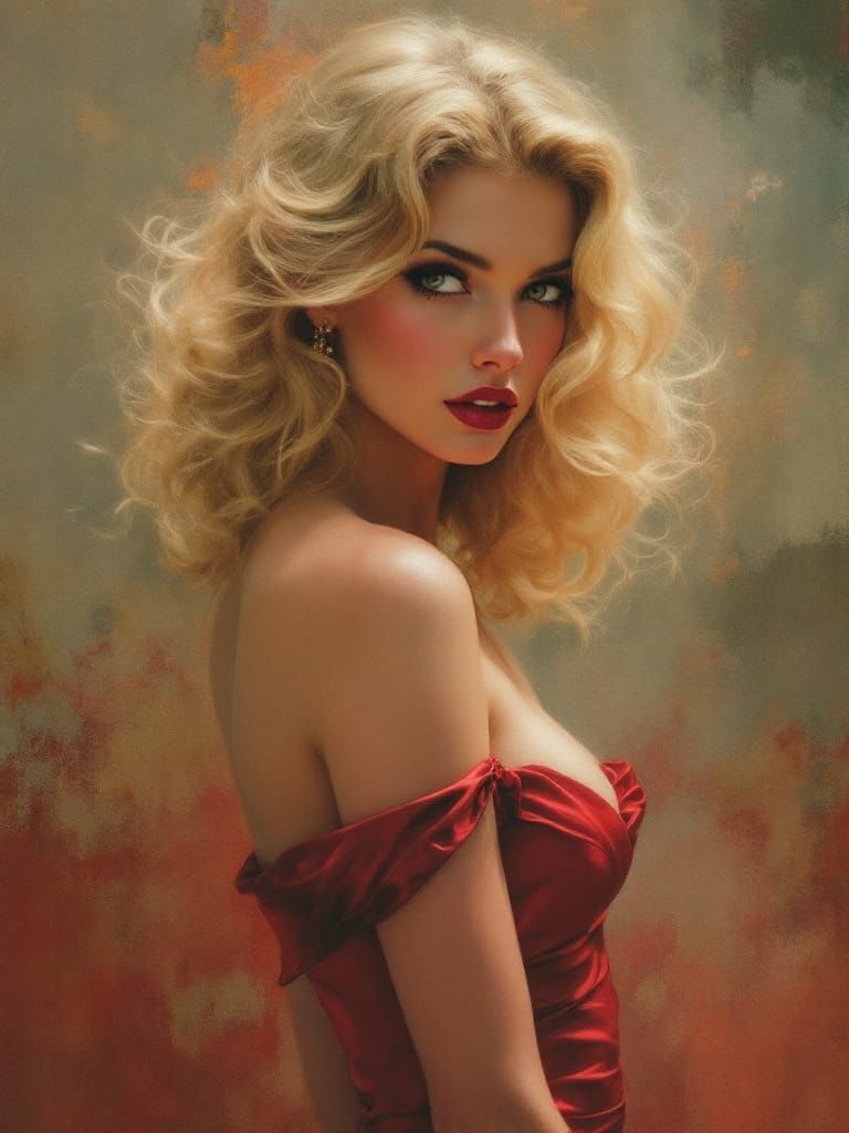 1950s Pin-Up Woman in Red Dress with Intense Gaze